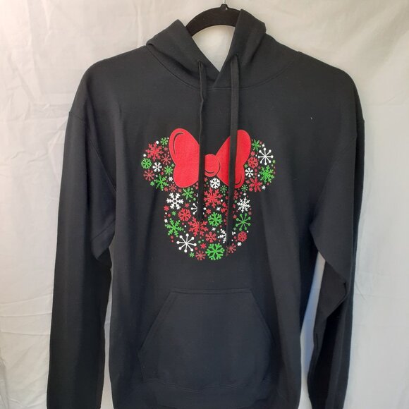 New Small Minnie Mouse Holiday Snowflakes Black Pullover Hoodie - Picture 1 of 8